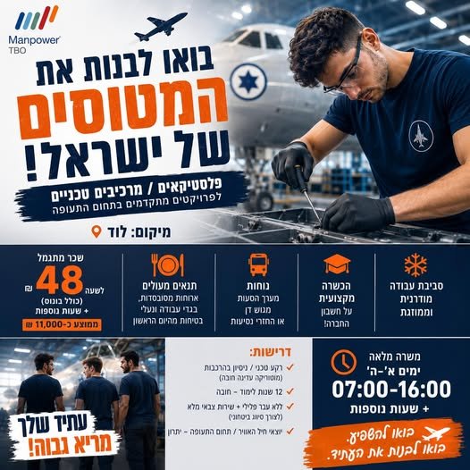 דרוש/ה מרכיבים טכניים לפרויקטים מתקדמים בתחום התעופה! מיקום: לוד (שער מערבי) מה תעשו? הרכבת חלקי מטוסים ורכיבי פלסטיק מורכבים עבודה עם מודלים תלת - ממדיים ושרטוטים טכניים שימוש בחומרים מורכבים: הדבקה, שיוף, איטום וגימור ברמה גבוהה