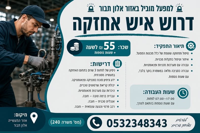 דרוש/ה איש אחזקה למפעל מוביל באזור אלון תבור! בנהריה