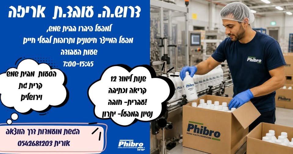 דרוש/ה עובד.ת אריזה לעבודה במשרה מלאה בבית שמש ניתן לפנות אלי בווצאפ