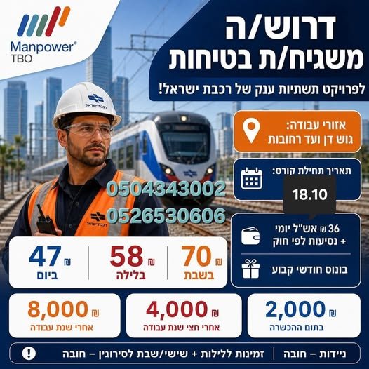 דרושים משגיחי בטיחות לרכבת ישראל!**אחריות על בטיחות עובדי קבלן בעבודה על מסילות הרכבת. **אזורי עבודה :**חדרה והסביבה ועד אשקלון והסביבה. **דרושים משגיחי בטיחות לרכבת ישראל!**אחריות על בטיחות עובדי קבלן בעבודה על מסילות הרכבת. **אזורי עבודה