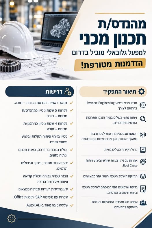 דרוש/ה מהנדס/ת מכונות בשדרות