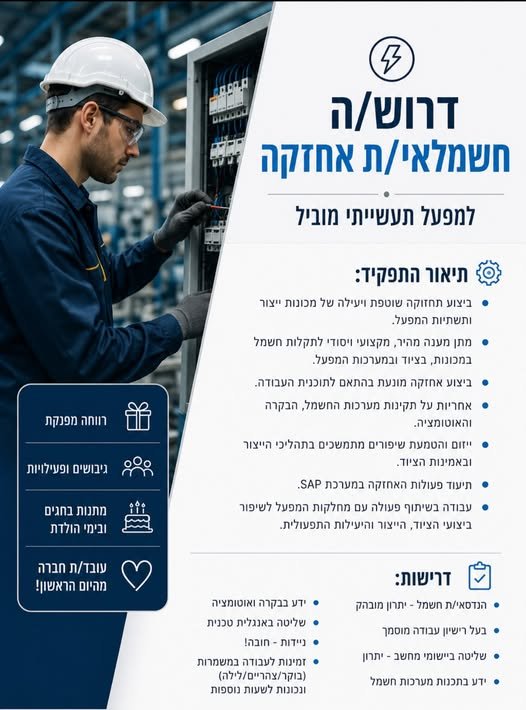 דרוש/ה חשמלאי/ת בשדרות