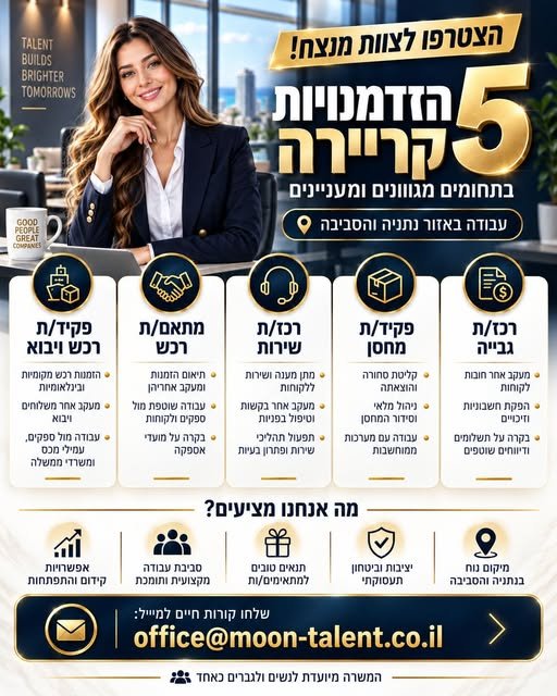דרושים את ההזדמנות הבאה שלכם באזור נתניה והסביבה? אנחנו מגייסים למספר תפקידים בחברות מובילות ויציבות: פקיד/ת רכש ויבוא מתאם/ת רכש רכז/ת שירות פקיד/ת מחסן רכז/ת גבייה אם יש לכם ניסיון רלוונטי, אחריות, סדר, שירותיות ורצון להשתלב במקום עבודה מ