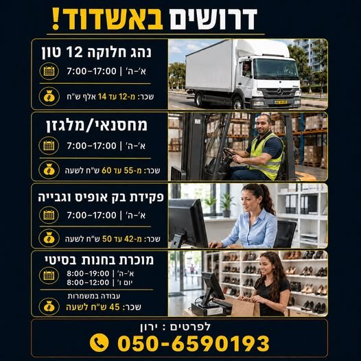 דרוש/ה מחסנאי/ת, מלגזן/ית ומלקט/ת באשדוד