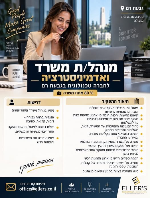 דרוש/ה מנהל/ת משרד ואדמיניסטרציהלחברה טכנולוגית מובילה בגבעת רם ו80% משרה דרוש/ה מנהל/ת משרד ואדמיניסטרציהלחברה טכנולוגית מובילה בגבעת רם ו80% משרה… עוד בירושלים