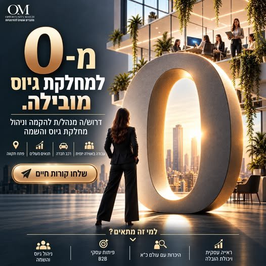 דרוש/ה מנהל/ת להקמה וניהול מחלקת גיוס והשמה תפקיד משמעותי שמשלב הקמת הפעילות מאפס, ניהול גיוס, פיתוח עסקי B2B והובלת צוות. ניסיון בניהול גיוס והשמה – חובה ניסיון בפיתוח עסקי וגיוס לקוחות B2B – חובה ניסיון בגיוס בכירים – יתרון משמעותי בפתח תקוה