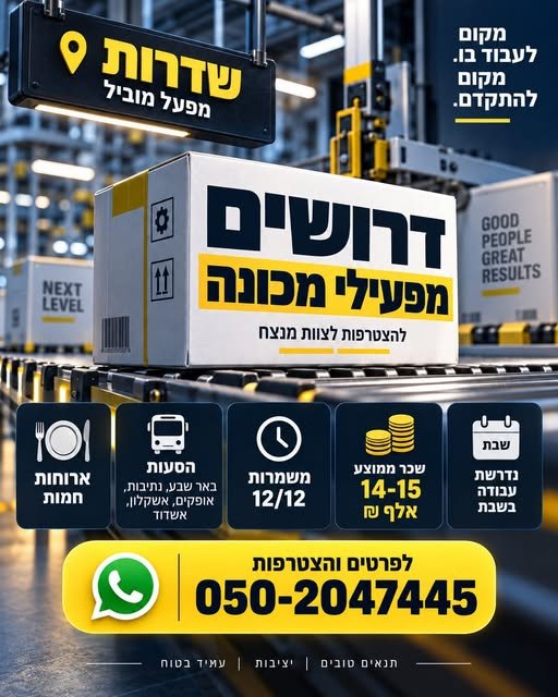 דרושים מפעילי מכונה 12/12 והסעות וארוחות חמות ועבודה בשבת בשדרות