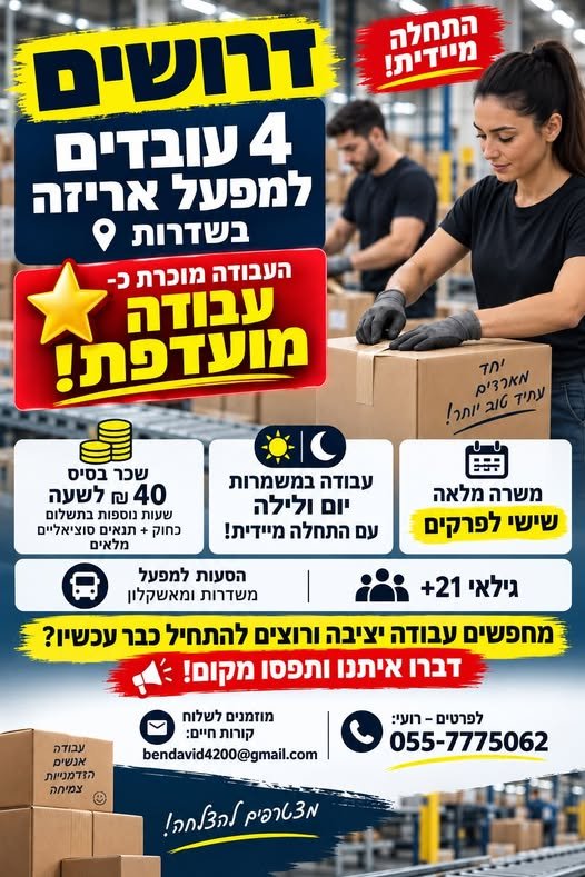 דרושים 4 עובדים למפעל אריזה בשדרות וגילאי 21+ משרה מלאה כולל שישי עבודה במשמרות יום ולילה עם התחלה מיידית!