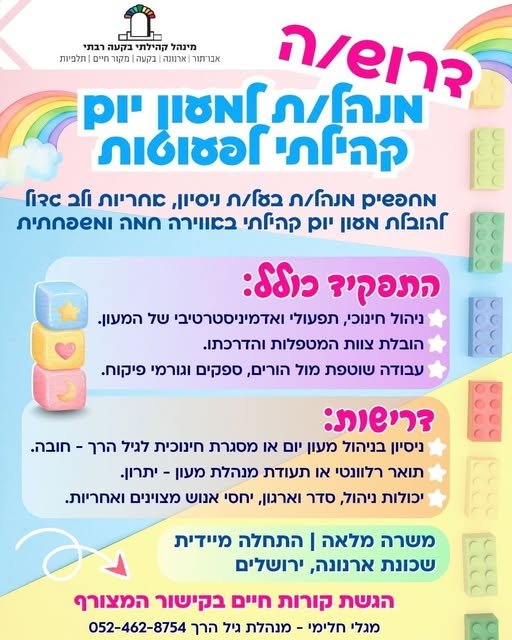 דרוש/ה מנהלת למעון יום קהילתי לפעוטות למינהל קהילתי בקעה רבתי שכונת ארנונה, ירושלים התחלה מיידית, משרה מלאה