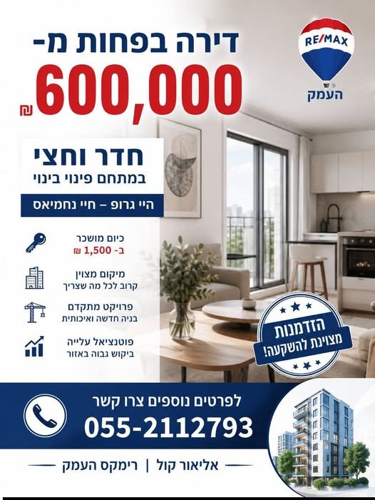דרוש/ה דירה ראשונה להשקעה ? יש לי בשבילכם עסקה בשיווק משרדינו רימקס העמק בעפולה