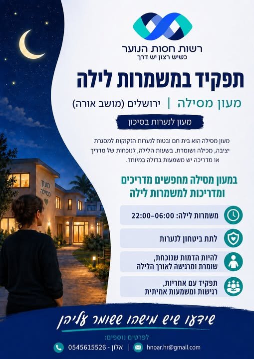 דרושים מדריכים ומדריכות לתפקיד משמעותי מאוד במשמרות לילה.. מדריכי לילה למסילה!מעון ''מסילה' במושב אורה (ליד ירושלים) הוא בית לנערות בסיכון,המעון הוא מסגרת נעולה לנערות שעברו חיים לא פשוטים, וזקוקות למקום שידאג וישמור עליהן..במעון מחפשים מדר