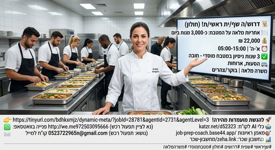 דרוש/ה שף/ית ראשי/ת וחולון מספר משרה 28781 אחריות מלאה על ניהול המטבח והכנת כ - 3,000 מנות ביום!