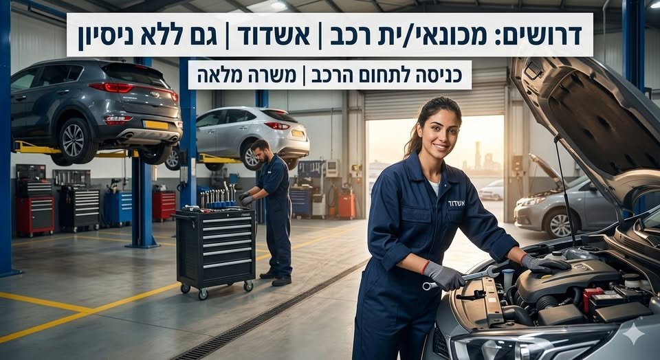 דרוש/ה מכונאי/ית רכב לתפקיד במשרה מלאה אוהבים מוטוריקה ויש לכם ידיים טובות? אפשרי גם למישהו טכני שרוצה להיכנס לתחום הרכב! ימי עבודה: ראשון עד חמישי באשדוד