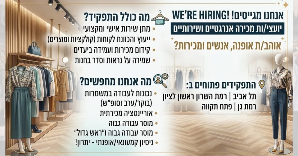 דרושים! אוהב/ת אופנה, אנשים ומכירות? ו ו וnee אנחנו מחפשים? תל אביב ורמת השרון ואשון לציון רמת גן ופתח תקווה A מה כולל התפקיד? > אוריינטציה מכירתית מתן שירות איש' ומקצועי ij ו ו ו ו וייעוץ והכוונת לקוחות (קולקציות ומוצרים) קידום מכירות