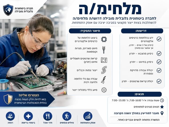 דרוש/ה מלחימ/ה** לחברה ביטחונית גלובלית מובילה המוקמת ביהוד דרוש/ה **מלחימ/ה** להשתלבות בצוות ייצור מקצועי, בסביבה יציבה עם אופק להתפתחות. **