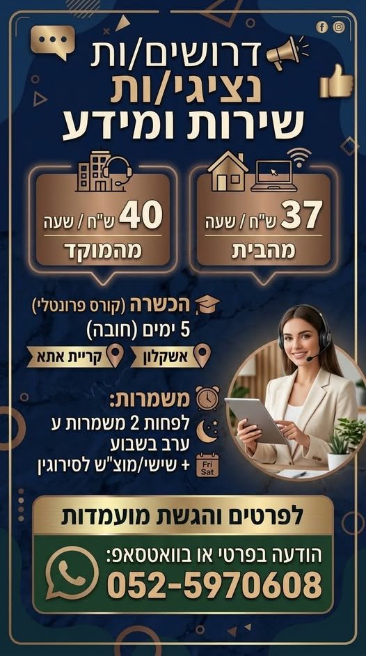 דרושים נציגי/ות שירות ומידע 40 באשקלון