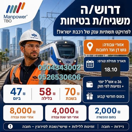 דרושים משגיחי בטיחות לרכבת ישראל!** אחריות על בטיחות עובדי קבלן בעבודה על מסילות הרכבת. **אזורי עבודה :** חדרה והסביבה ועד אשקלון והסביבה. **דרושים משגיחי בטיחות לרכבת ישראל!** אחריות על בטיחות עובדי קבלן בעבודה על מסילות הרכבת. **אזורי עבו