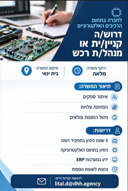 דרוש/ה מנהל/ת רכש מנוסה בנתניה