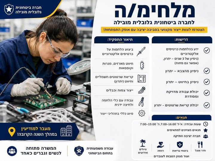 דרוש/ה מלחימ/ה לחברה ביטחונית מובילה** לחברה ביטחונית גלובלית ומובילה דרוש/ה **מלחימ/ה** להצטרפות לצוות ייצור מקצועי, בסביבת עבודה יציבה המציעה אפשרויות להתפתחות. **מה כולל התפקיד?** * הלחמת רכיבים על גבי כרטיסים אלקטרוניים. * ביצוע עבודות ביהוד