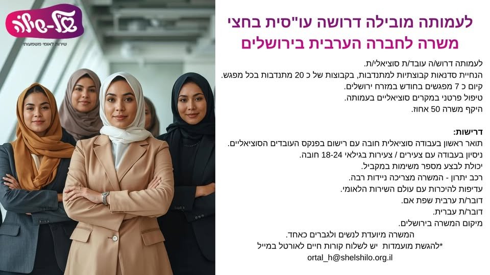 דרוש/ה עובד/ת סוציאלי/ת דובר/ת ערבית שפת אם וחצי משרה וירושליםלעמותת ש