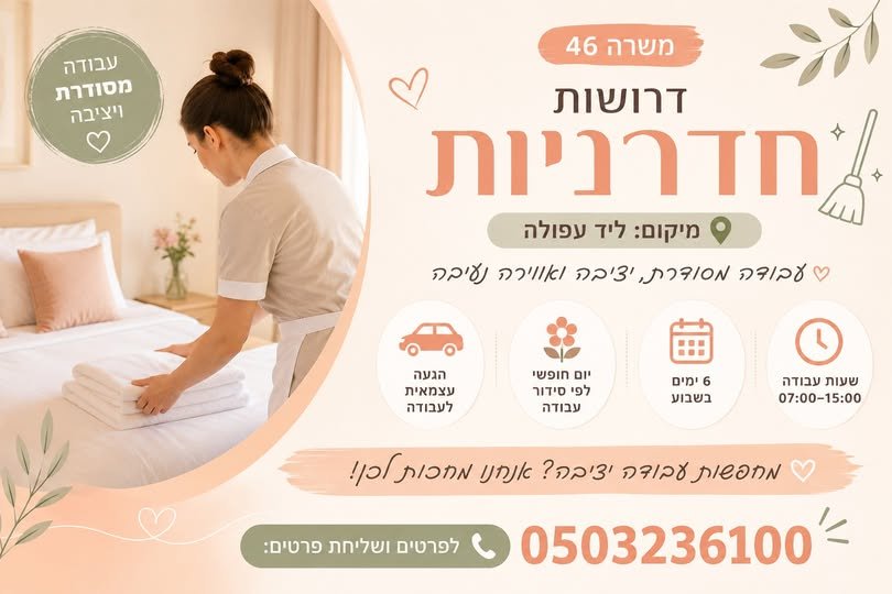 דרושות חדרניות מיקום: ליד עפולה עבודה מסודרת ויציבה במשמרת בוקר בלבד!