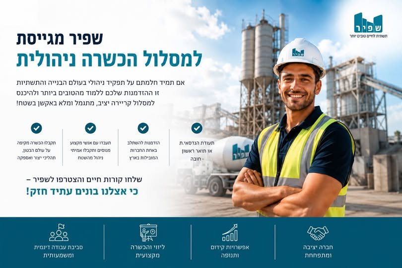 דרוש/ה למסלול הכשרה ניהולית – מסלול ייחודי למי שרוצה להתפתח, ללמוד ולהתקדם לתפקידי ניהול משמעותיים בשטח. מה כולל התפקיד? • הכשרה מקצועית ומעשית בעולם הבנייה והתשתיות • עבודה לצד מנהלים ואנשי מקצוע מנוסים • התנסות בניהול תהליכים ומשימות בשטח בירושלים