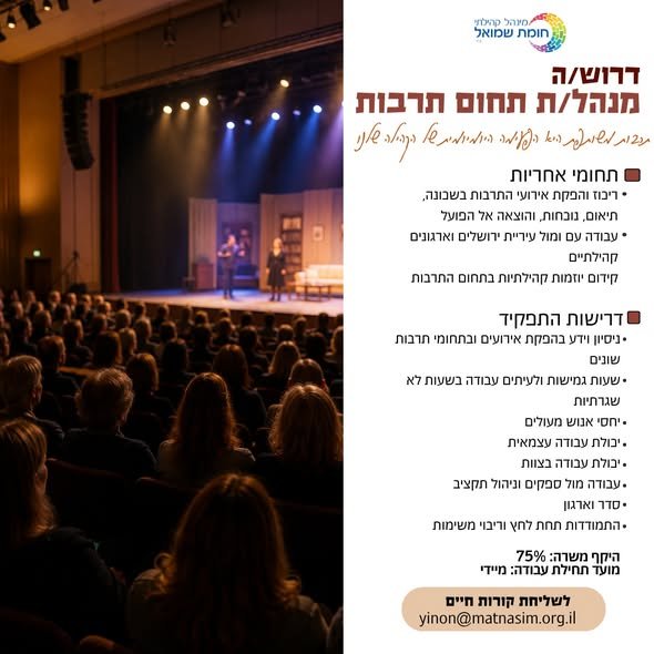 דרושים: רכז/ת נוער צעיר - כיתות ה׳–ח׳ מנהל/ת תחום צמי״ד מנהל/ת תחום תרבות מחפשים אנשים עם לב, יוזמה ורצון לעשות טוב בשכונה בואו לעבוד איתנו! למינהל הקהילתי חומת שמואל דרושים: רכז/ת נוער צעיר - כיתות ה׳–ח׳ מנהל/ת תחום צמי״ד מנהל/ת תחום תרבות בירושלים