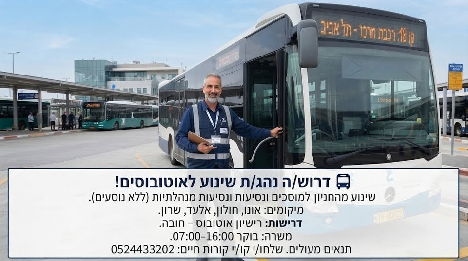 דרוש/ה נהג/ת שינוע לתחבורה הציבורית (בלי נוסעים, רק אתם והכביש!) שינוע אוטובוסים מהחניון למוסכים וביצוע נסיעות מנהלתיות מיקום: אונו,חולון,אלעד,שרון
