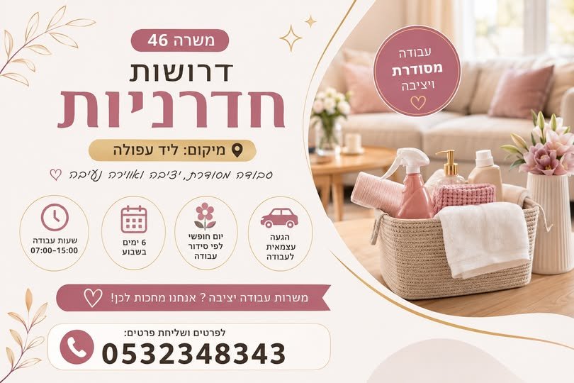 דרושות חדרניות לעבודה מסודרת ויציבה באזור ליד עפולה סביבת עבודה נעימה ומכבדת עבודה מסודרת וקבועה