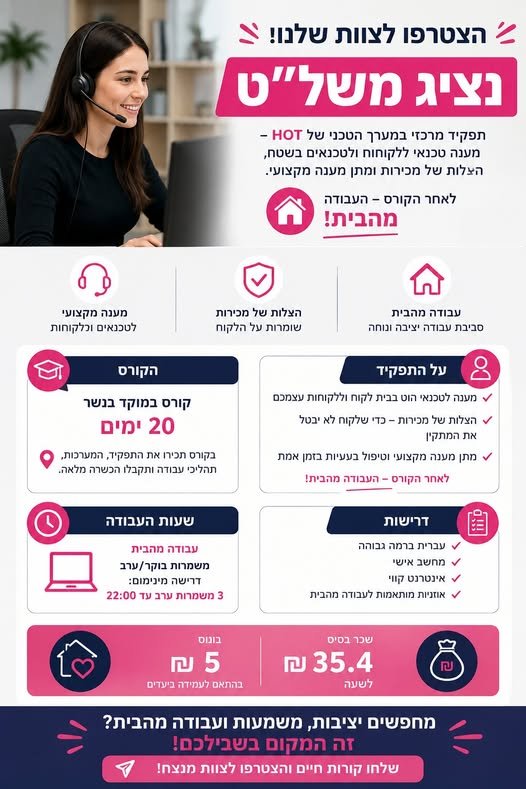 דרוש/ה את התפקיד הבא שלכם? הצטרפו למערך המשל״ט של HOT! אנחנו מגייסים נציגים ונציגות לתפקיד מרכזי במערך הטכני של HOT – עבודה מאחורי הקלעים שמסייעת לטכנאים ולמתקינים בשטח לבצע את העבודה שלהם בצורה הטובה ביותר מתן מענה מקצועי לטכנאים ומתקינים בנשר