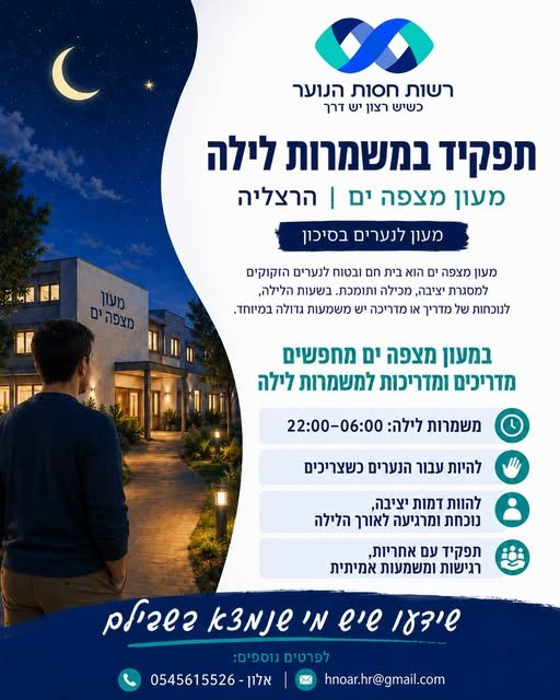 דרוש/ה מדריכים ומדריכות לתפקיד משמעותי מאוד במשמרות לילה.. בשעות 22:00 ל - 06:00 בבוקר. תפקיד בנוכחות וערות לאורך הלילה בהרצליה