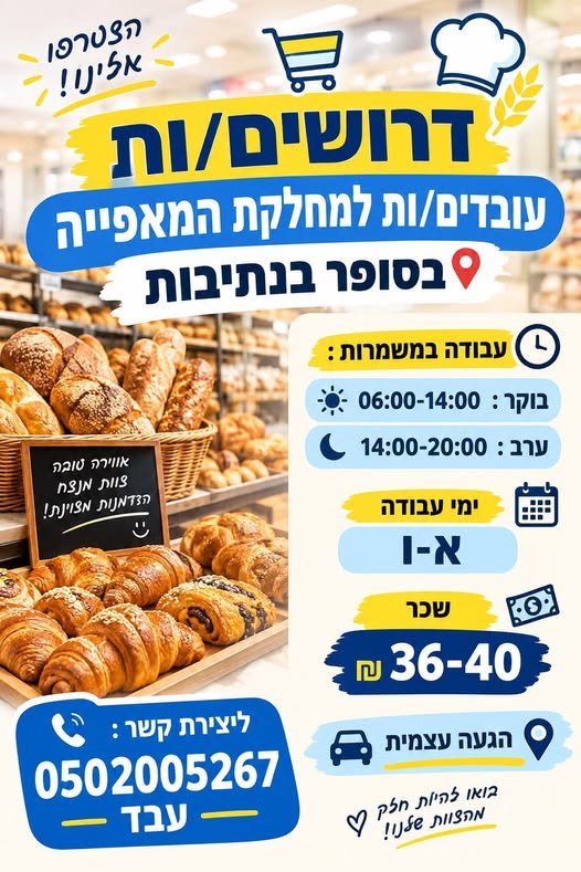 דרושים = =a בסופר בנתיבות 4 SN — ’ )© עבודה במשמרות + == vad Dae . 6 בוקר: 06:00 - 14:00 3% = א ערב: 14:00 - 20:00 © ימי עבודה — I - N ליצירת are - - - עבד — 9 הגעה עצנזית 6 sn pine באו IV] Fide PUSAN