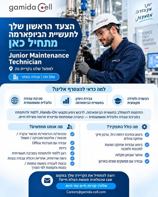 דרוש/ה טכנאי/ת אחזקה מתחיל/ה Junior Maintenance Technician למפעל בקריית גת — הזדמנות מצוינת לצבור ניסיון מקצועי, ללמוד ולהתפתח בסביבה גלובלית ומשמעותית