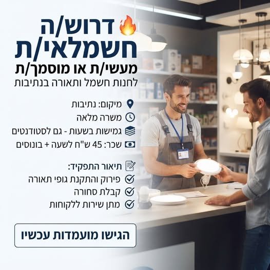 דרוש/ה.ה חשמלאי.ת מעשי.ת / מוסמך.ת לחנות חשמל ותאורה בנתיבות תיאור המשרה: פירוק והתקנת גופי תאורה מתצוגה קבלת סחורה מתן שירות ללקוחות החנות ימים ושעות עבודה: א' - ה' 7:00 - 17:30 ו' לפי דרישה (לרוב לא נדרש) 7:00 - 13:30 יש גמישות בשעות ובימים – מתא