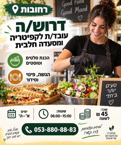 דרוש/ה עובד/ת לקפיטריה ומסעדה חלבית הכנת סלטים וטוסטים הגשה, פינוי וסידור