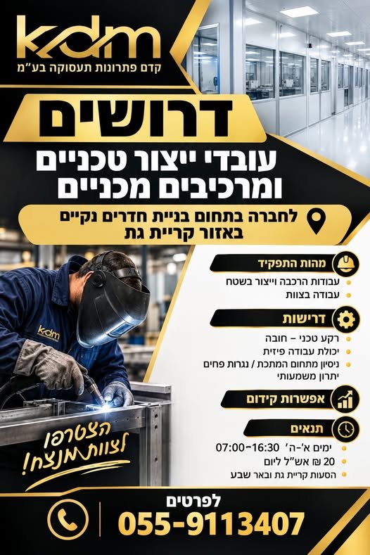 דרוש/ה עובדים עם רקע טכני עבודה בשטח באשקלון