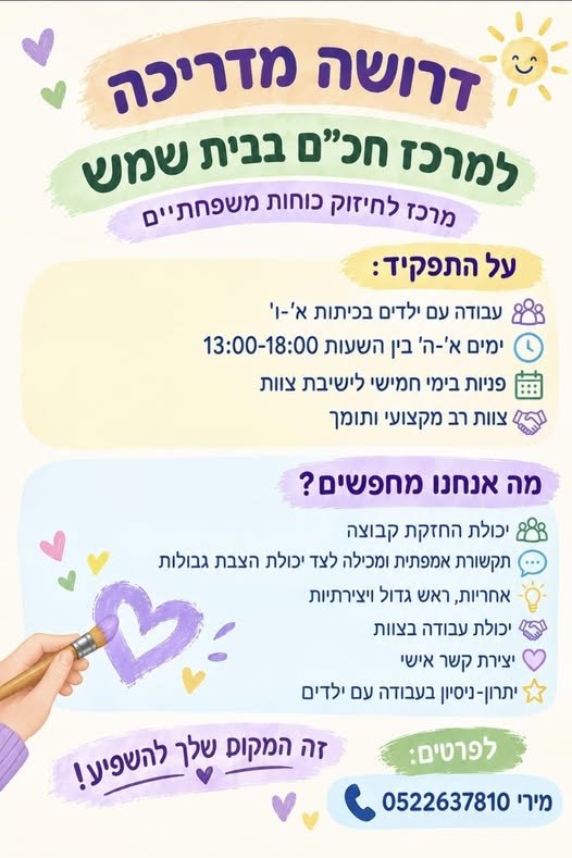דרוש/ה מדריכה בבית שמש