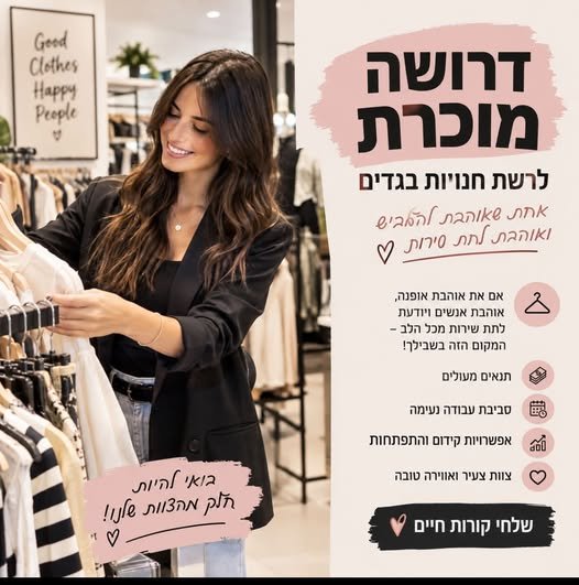 דרוש/ה מוכרת לרשת חנויות בגדים ON את אוהבת אופנ, אוהבת אנשים ויודעת בחדרה