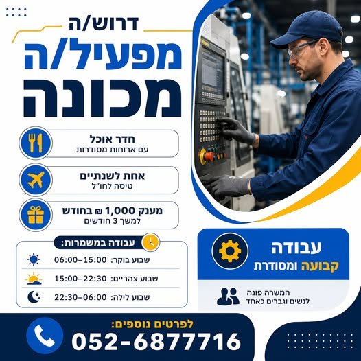 דרוש/ה מפעיל/ת מכונה מה מחכה לך אצלנו בחדרה