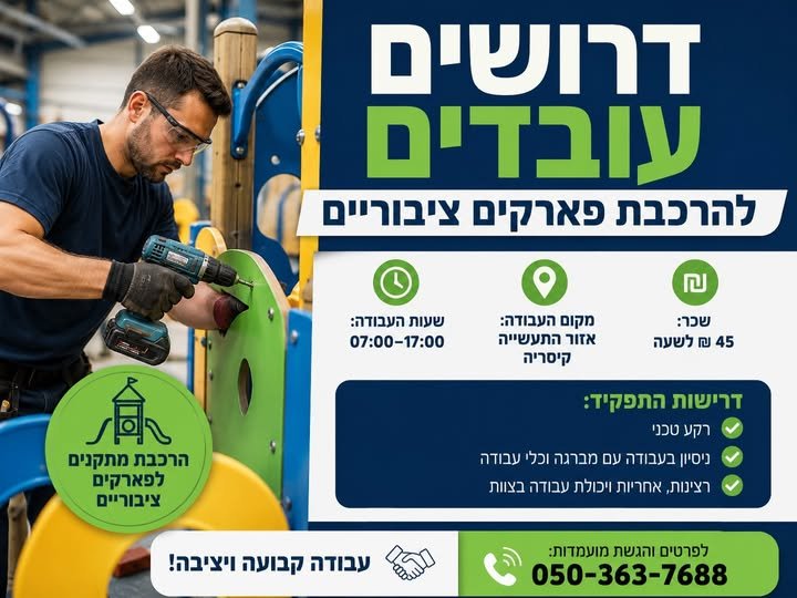 דרושים עובדים להרכבת מתקנים לפארקים ציבוריים** **מיקום העבודה:** אזור התעשייה קיסריה **