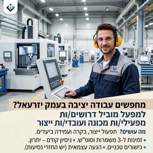 דרוש/ה עובד/ת ייצור ומפעיל/ת מכונה בעמק יזרעאל