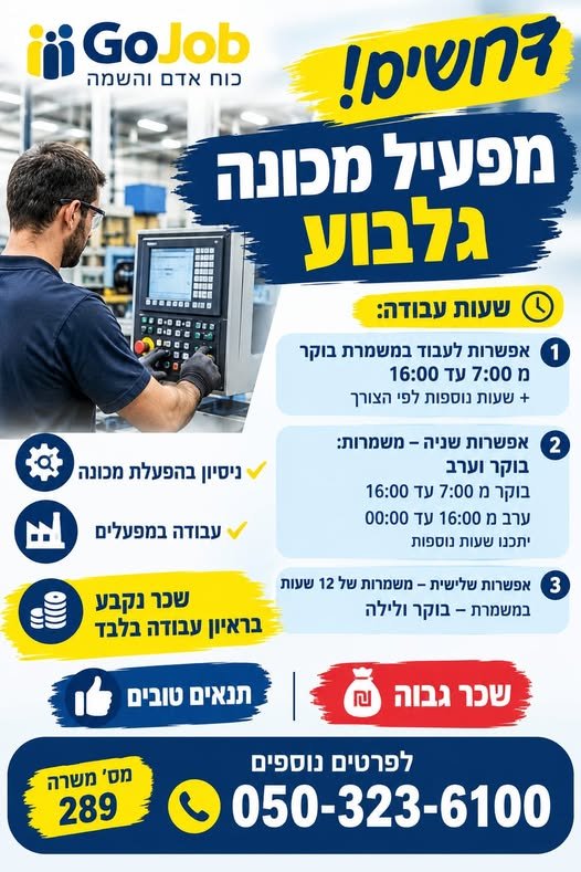 דרוש/ה מפעיל/ת מכונה – אזור הגלבוע הזדמנות להשתלב במפעל באזור הגלבוע בעפולה