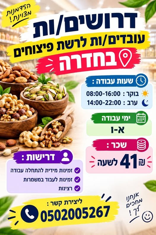 דרושים עובדים/ות לרשת פצוחים = + 8 בנתניה