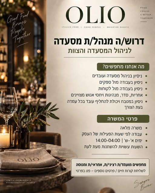 דרוש/ה מנהל/ת מסעדה מנוסה