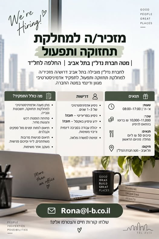 דרוש/ה מזכיר/ה למחלקת תחזוקה ותפעול לחברת נדל״ן מובילה בתל אביב – החלפה לחל״ד