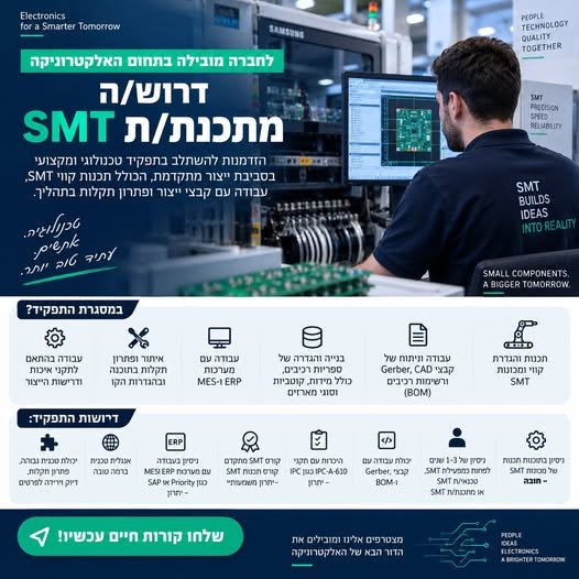 דרוש/ה מתכנת/ת SMT – הזדמנות במובילה בתחום האלקטרוניקה השתלבות בתפקיד טכנולוגי מקצועי בסביבת ייצור מתקדמת בראשון לציון