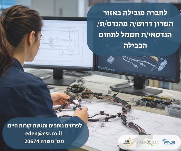 דרוש/ה מהנדס/ת חשמל בתחילת הדרך להשתלבות בתפקיד הכולל תכנון ותיעוד של רתמות וכבילה למערכות מורכבות בהשרון