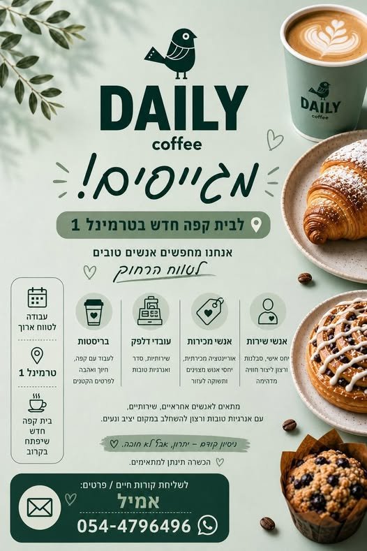 דרושים אנשים טובים y pina nie ו5 ואנשישירות ואנשימכירות ועובדידלפק ובריסטות yor ont סבלנות וארי pan צר y וan שירותיות, סדר ולעבורעם קפה, אית ובו = ו= aan מתאים לאנשים אחראיים, שירותיים, עם אנרגיות טובות ורצון לה בנתב