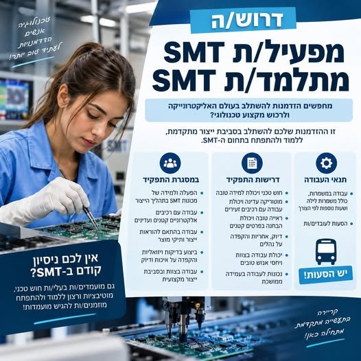 דרוש/ה מפעיל/ת SMT / מתלמד/ת SMT מחפשים הזדמנות להשתלב בעולם האלקטרוניקה ולרכוש מקצוע טכנולוגי בראשון לציון