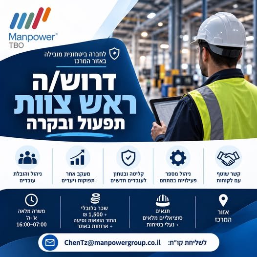 דרוש/ה ראש צוות תפעול ובקרה לחברה ביטחונית מובילה באזור לוד